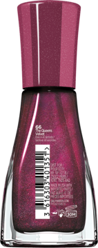 Tył butelki lakieru Sally Hansen Insta-Dri 66 The Queens Velvet, bordowy brokat, widoczny kod kreskowy.