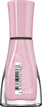 Tył butelki lakieru do paznokci Sally Hansen Insta-Dri, różowy brokatowy, nr 64 Spill the Velvet-ea, kod kreskowy.
