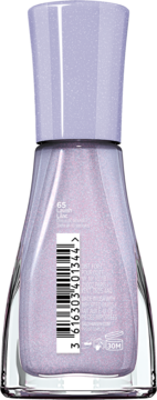 Sally Hansen Insta-Dri #65 Lavish Lilac, jasnofioletowy lakier z brokatem, tył butelki z kodem kreskowym.