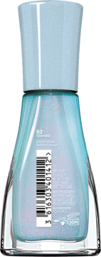 Tył butelki lakieru Sally Hansen Insta-Dri Glos-Sea #62, niebieski z brokatem, widoczny kod kreskowy i etykieta.