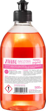 Tył ekologicznego płynu do naczyń Zielko Różowy Grejpfrut 500ml z etykietą, pompką i ostrzeżeniem.