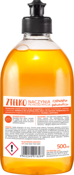 Płyn do mycia naczyń Zielko Czerwona Pomarańcza 500ml w przezroczystej butelce z czarną pompką, widok z przodu.