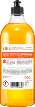 Zielko Czerwona Pomarańcza płyn do naczyń 1000ml, przezroczysta butelka z pomarańczowym płynem, widok z przodu.