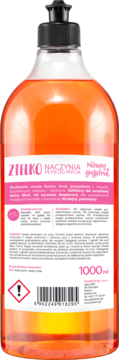 Widok z tyłu ekologicznego płynu do naczyń Zielko Różowy Grejpfrut 1000ml z etykietą i symbolem ostrzegawczym.