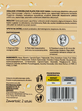 Tył opakowania Isana Hydrożelowe płatki pod oczy z kwasem hialuronowym i witaminą C. Instrukcje, składniki, barcode.