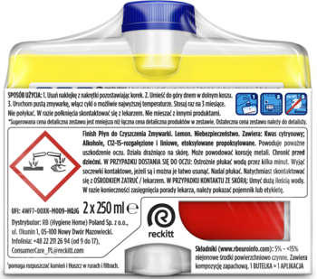Tył żółtego opakowania płynu Finish Lemon 2x250ml do czyszczenia zmywarki, z niebieską nakrętką i etykietą z ostrzeżeniami.