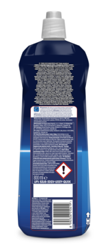 Ciemnoniebieska butelka Finish Płyn nabłyszczający do zmywarki, tył z etykietą, kodem i ostrzeżeniem.