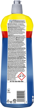 Tył niebieskiej butelki Finish płynu nabłyszczającego z żółtą górą, etykieta z listą składników i symbolami ostrzegawczymi.