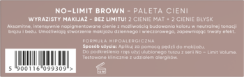 Tył brązowej palety cieni NO-LIMIT BROWN, z kodem kreskowym oraz opisem 2 matowych i 2 błyszczących cieni.