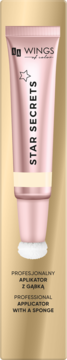 Różowy rozświetlacz AA Wings of Color Star Secrets w tubce z gąbkowym aplikatorem na złotym tle.