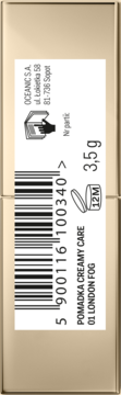 Bok złotego opakowania Pomadka Creamy Care 01 London Fog z kodem kreskowym, wagą 3,5g i ikonami.