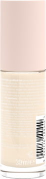 Tył rozświetlającego podkładu tint AA Healthy Wear Ivory 30ml. Beżowa butelka z różową nakrętką i kodem.