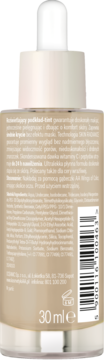 Tył szklanej butelki rozświetlającego podkładu tint AA Wings of Color, widok na etykietę, tekst, kod.