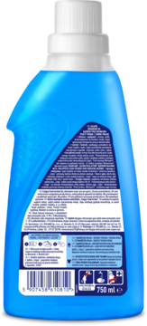 Tył niebieskiego żelu Calgon Total Action do pralki, 750 ml, z instrukcją użycia.