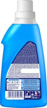 Tył niebieskiej butelki Calgon Total Action żel do pralki 750ml z etykietą, kodem kreskowym, chroniący przed kamieniem.