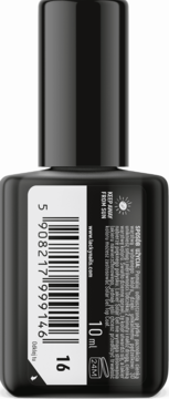 Czarna butelka lakieru Lacky Nails Solar Gel nr 16 chocolate, widok z tyłu, z kodem kreskowym.