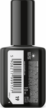 Tył czarnej butelki lakieru Lacky Nails Solar Gel 10 ml z białym kodem kreskowym i numerem 19.