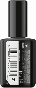 Czarny lakier do paznokci Lacky Nails Solar Gel, widok z tyłu butelki z białą etykietą, kodem kreskowym i numerem 21.