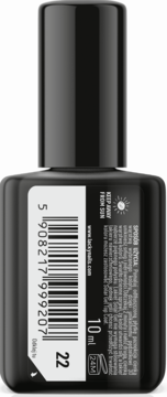 Tył czarnego lakieru Lacky Nails Solar Gel nr 22 z białą etykietą, kodem kreskowym i tekstem 10 ml.