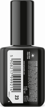 Tył czarnej butelki lakieru Lacky Nails Solar Gel nr 23, z białą etykietą, kodem kreskowym, 10ml i ikoną słońca.