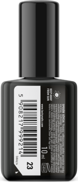 Tył czarnej butelki lakieru Lacky Nails Solar Gel nr 23 Orchid Purple. Kod kreskowy, 10ml, ostrzeżenie przed słońcem.