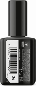 Tył czarnej butelki fioletowego lakieru do paznokci Lacky Nails Solar Gel #24, z etykietą i kodem kreskowym.