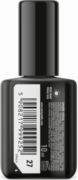 Czarna butelka lakieru Lacky Nails Solar Gel #27 moonstone, widok z tyłu z kodem kreskowym i napisem 10 ml.