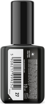 Tył czarnej butelki szarego lakieru Lacky Nails Solar Gel, nr 27 (moonstone), z etykietą i kodem kreskowym.