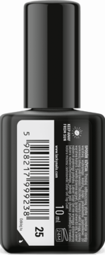 Tył czarnego lakieru Lacky Nails Solar Gel 10ml, etykieta z kodem, nr 25, i napisem "KEEP AWAY FROM SUN".