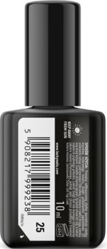 Tył czarnego lakieru Lacky Nails Solar Gel nr 25, z kodem kreskowym, informacją 10ml i napisem Keep Away From Sun.