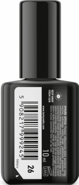 Tył czarnej butelki lakieru Lacky Nails Solar Gel nr 26, widoczny kod, 10ml, symbol słońca.