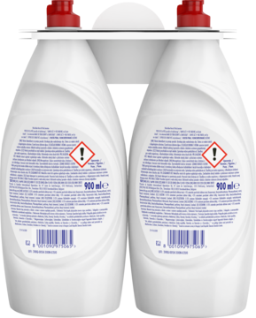Dwie białe butelki płynu Fairy Granat 900ml, widok z tyłu, z etykietami ostrzegawczymi i kodami kreskowymi.