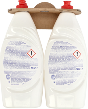 Tył dwóch białych butelek Fairy Original cytrynowy 900ml, z etykietami, czerwonymi nakrętkami i kartonowym uchwytem.