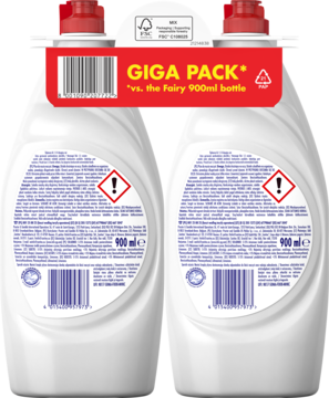 Dwa płyny do naczyń Fairy Original cytryna 900ml GIGA PACK. Białe butelki z czerwonymi nakrętkami, widok z tyłu opakowania.