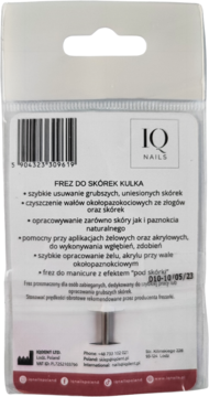 Tył opakowania frezu do skórek IQ Nails kulka, z białym kartonikiem, widoczne cechy produktu i kod kreskowy.