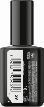 Tył czarnej butelki lakieru do paznokci Lacky Nails, z etykietą, kodem kreskowym, 10 ml i numerem 29.