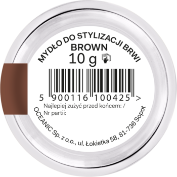 Brązowe mydło do stylizacji i pielęgnacji brwi w białym okrągłym pojemniku 10g, widok z góry.