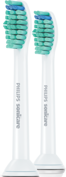 Dwie białe końcówki Philips Sonicare ProResults z zielono-niebieskim włosiem, widok z przodu na białym tle.