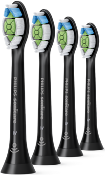 Końcówki Philips Sonicare W2 Optimal White: 4 czarne główki z zielonymi i niebieskimi włóknami, lekko ukośnie.