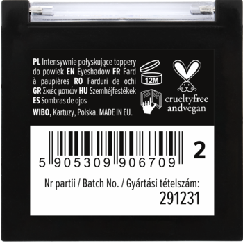 Tył czarnego opakowania cienia Wibo Sparkle On Top nr 2, z kodem kreskowym i etykietami. Cruelty-free.