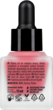 Wibo Pink Drink płynny róż, tył butelki z pipetą, różowy, 15 ml. Widoczne instrukcje i symbole.