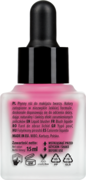 Wibo Pink Drink płynny róż, różowa szklana butelka z czarną pipetą, zbliżenie na tył z etykietą.