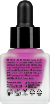 Tył butelki płynnego różu Wibo Pink Drink 15ml, z różową zawartością, czarnym zakraplaczem i białymi etykietami.