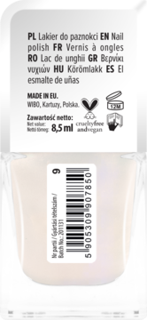 Tył butelki mlecznego lakieru Wibo New French Manicure Glass Effect 8,5ml, etykieta, efekt Glazed Donut.
