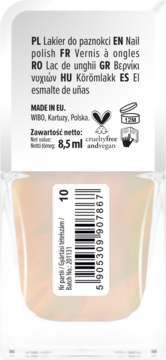 Tył beżowego lakieru Wibo 8,5 ml, numer 10, z etykietą, kodem kreskowym, ikonami wegańskimi i cruelty-free.