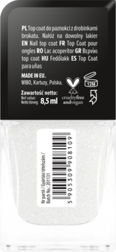 Tył brokatu Wibo Time To Shine top coat 8,5ml, etykiety z opisem produktu w wielu językach i barcode.