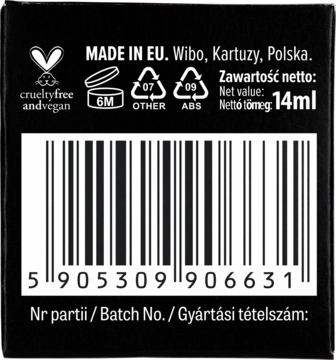 Tył czarnego opakowania peelingu Wibo Espresso Shot, z kodem kreskowym, ikonami cruelty-free/vegan i 14ml.