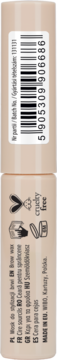Tył opakowania wosku do brwi Wibo Shaping Brow Wax, beżowa tubka z kodem kreskowym i ikonami, MADE IN EU.
