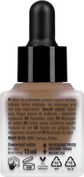 Wibo Match Perfector, 15 ml brązowy mixer do podkładu, zbliżenie na tył butelki z etykietą i nakrętką z pipetą.