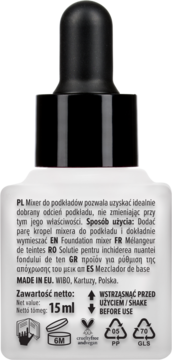 Tył białej butelki Wibo Match Perfector Foundation Mixer z czarną pipetą. Widoczne instrukcje i pojemność 15 ml.